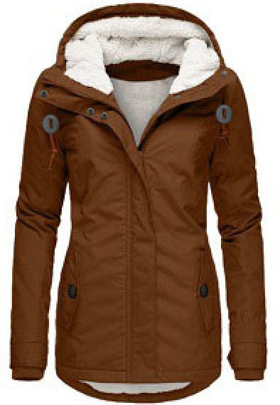 Winter Hooded Jacket Solid Color Warm Buckle Zip-up Fleece Jacket With Pockets Women's Casual Jacket